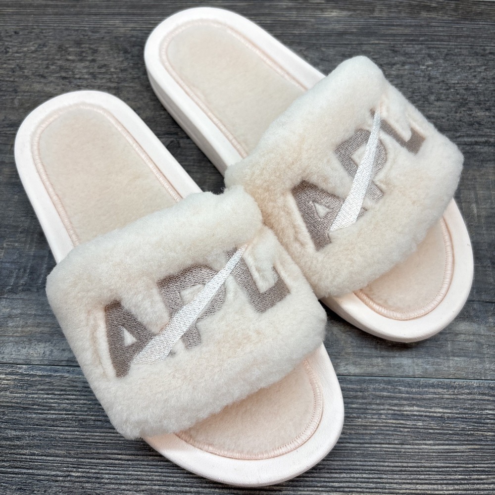 APL Slides Women's 8 Shearling Sandals Creme/Rose Dust NEW Defect